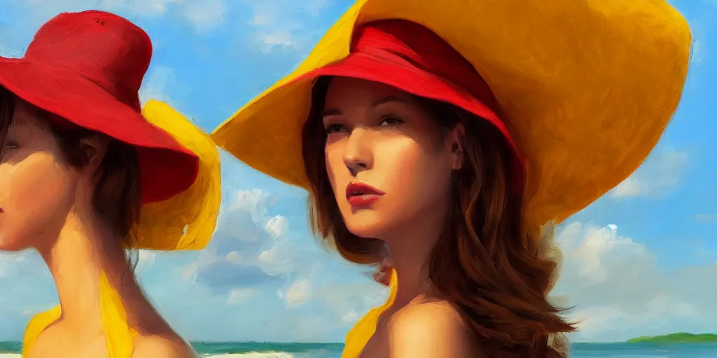 Image similar to beautiful oil matte portrait painting, young woman with red dress and mustard yellow summer hat at a beach on a sunny day, wonderful masterpiece highly detailed, beautiful cinematic light deep focus, elegant, digital painting, smooth, sharp focus, golden ratio, dramatic illumination, ultra realistic, 8 k, art by jimmy law