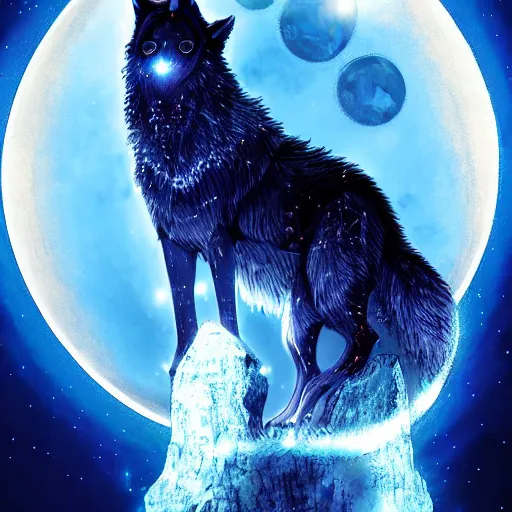 Image similar to a wolf made out of clear crystal with moon shining through it, fantasy art, high definition, lens flares