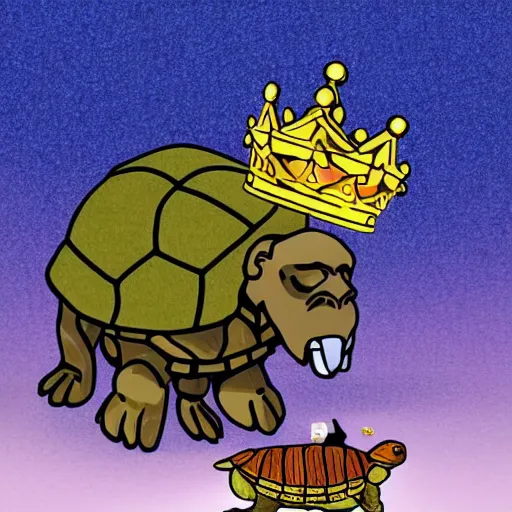 Prompt: wojak overlord with crown riding a turtle with ape next to it holding bag of gems intricate, realistic, photography