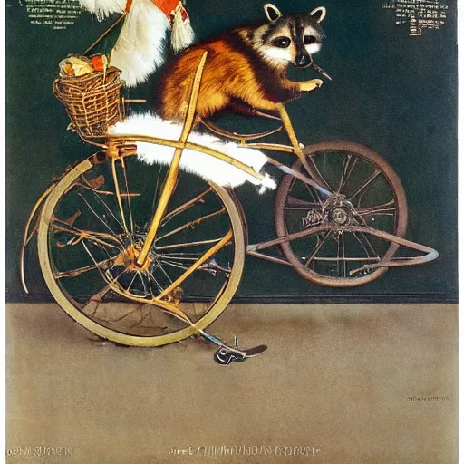 Image similar to Norman Rockwell painting of a raccoon riding a penny-farthing