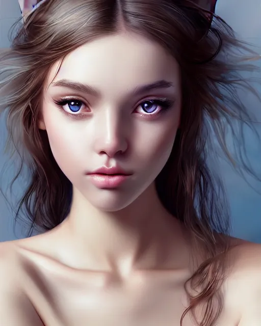 Image similar to a portrait cute girl cat chimera, photo, ultra detail, photoreal, professionally retouched, soft moonlight lighting, shiny plastic bikini, realistic, smooth face, goddess, luscious lips, perfect eyes, wide angle, sharp focus on eyes, 8 k high definition, insanely detailed, intricate, elegant, art by artgerm and wlop