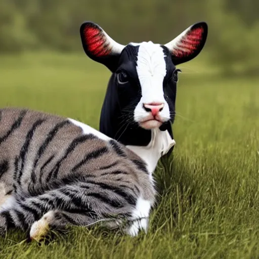 Prompt: crossing a cute cat\'s head with a cow\'s body, photo, in a grassy field