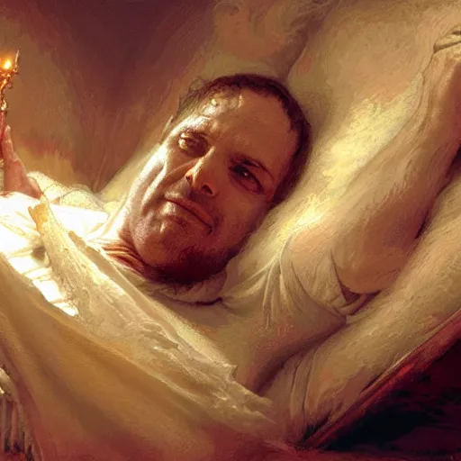 Prompt: the pope laying down in his bed, terrified, because a double horned shadow demon is in the bedroom. highly detailed painting by gaston bussiere, greg rutkowski, craig mullins 8 k