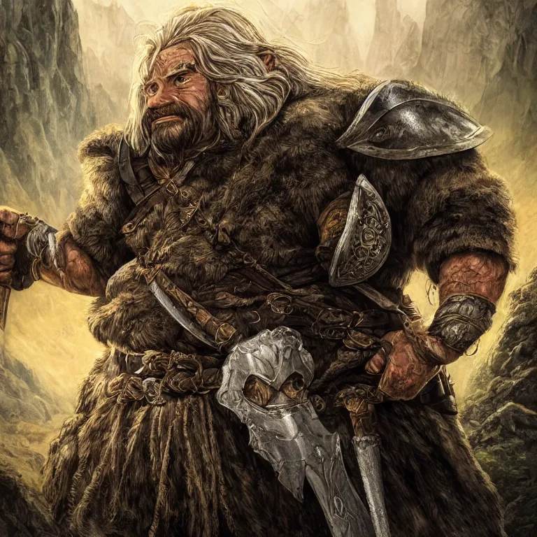 Image similar to handsome dwarf warrior in mountains, lord of the rings style, poster, character portrait, portrait, close up, concept art, intricate details, highly detailed, full body, 8 k