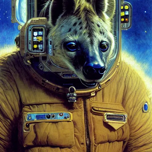 Image similar to portrait of a male hyena wearing a space suit in a space ship. shadowrun furaffiniy cyberpunk fantasy highly detailed painting by gaston bussiere craig mullins jc leyendecker gustav klimt artgerm greg rutkowski john berkey, bergey, craig mullins, ruan jia, raymond swanland, jeremy mann, tom lovell, alex malveda