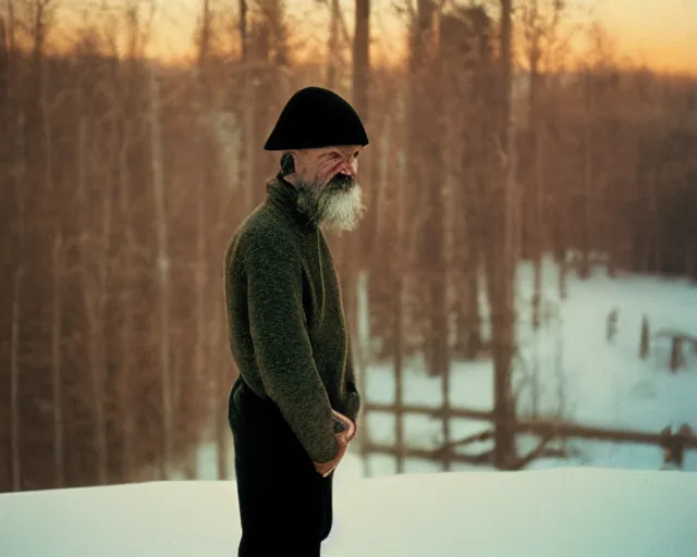 Image similar to lomographic tarkovsky film still of 4 0 years russian man with beard and sweater standing on small hrushevka 9 th floor balcony full with cigarette smoke in winter taiga looking at sunset, cinestill, bokeh