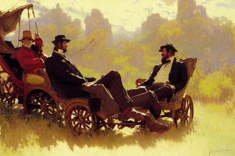 Image similar to 2 attractive men sitting on a coach, painting by gaston bussiere, craig mullins, greg rutkowski, alphonse mucha