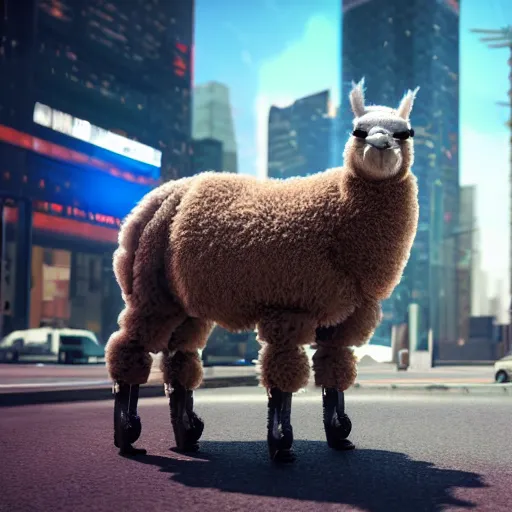 Prompt: Alpaca wearing a suit in a cyberpunk city, highly detailed, 8k ultra HD, Unreal Engine render