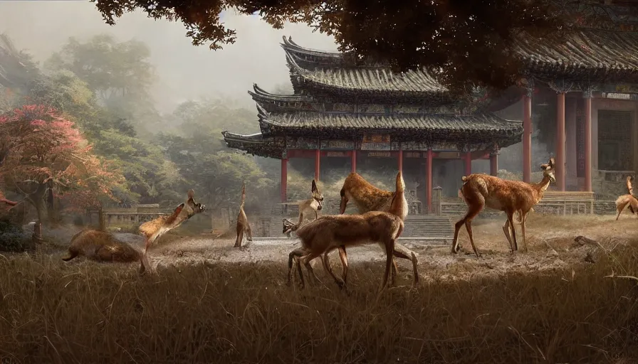 Image similar to craig mullins and ghibli digital illustration of 2 deers and camers a broken chinese temple unreal engine, hyper realism, realistic shading, cinematic composition, realistic render, octane render, detailed textures, photorealistic, wide shot