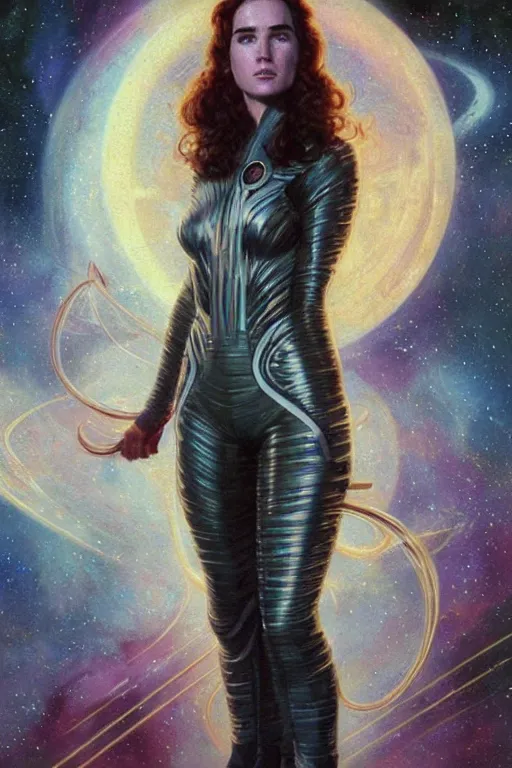 Prompt: young Jennifer Connelly as a ruggedly beautiful retro SCI-FI space heroine 1985 , movie poster, intricate, elegant, highly detailed, centered, digital painting, artstation, concept art, smooth, sharp focus, illustration, art by artgerm and donato giancola and Joseph Christian Leyendecker, Ross Tran, WLOP