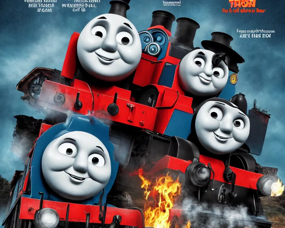 Image similar to a horror movie poster featuring Thomas The Tank Engine