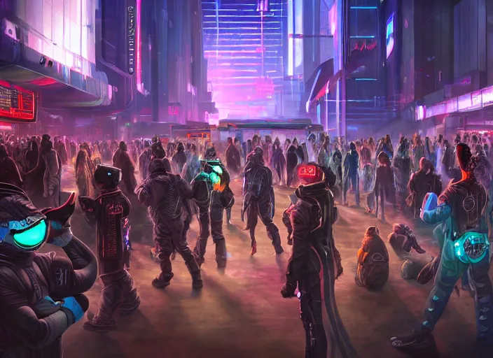 Image similar to high - resolution photograph from a cyberpunk era furry fandom convention ( midwest furfest 2 0 4 7 ), taking place after the genetic revolution and quantum singularity. photorealistic.