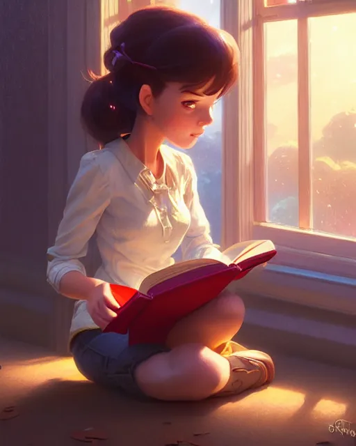 Image similar to highly detailed portrait of beautiful girl reading a book in toy story 3, dynamic pose, stephen bliss, unreal engine, fantasy art by greg rutkowski, loish, rhads, ferdinand knab, makoto shinkai and lois van baarle, ilya kuvshinov, rossdraws, tom bagshaw, global illumination, radiant light, detailed and intricate environment