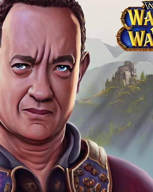 Prompt: tom hanks as a character in the game world of warcraft, with a background based on the game world of warcraft, detailed face