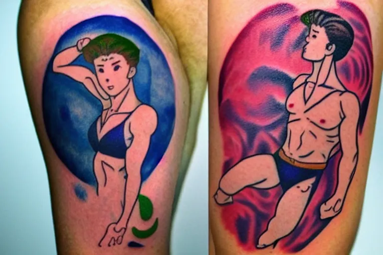 Image similar to muscular mark Zuckerberg with sailor moon tattoos artistic