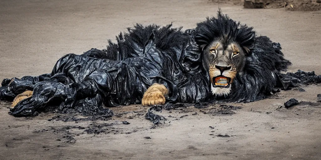 Image similar to a shiny black goo covered lion, lion made of black goo, goo lion, lion made of goo, latex shiny, laying in a tar pit, dslr, photography, ferrofluid, wildlife photography, award winning animal photography, safari