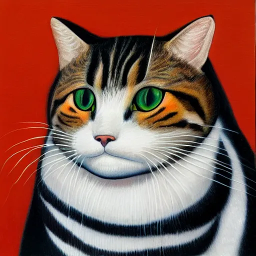 Image similar to painting of a mackerel tabby cat by rene magritte, hd, 4 k, detailed, award winning, orange, white, black