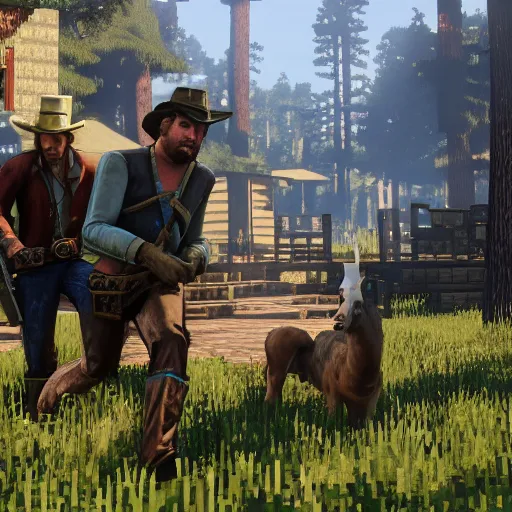 Prompt: steeve from minecraft killing arthur from red dead redemption 2 using nuke