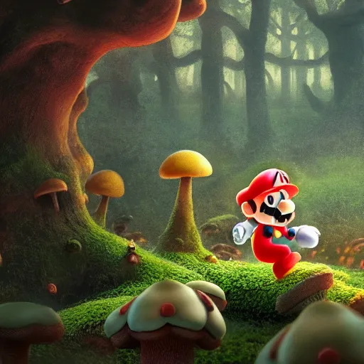 Prompt: Toad from Mario brothers running through a mushroom forest drawn by frank frazetta, background by Norman Rockwell 4k, volumetric lighting, trending on artstation, octane render, hyperrealistic