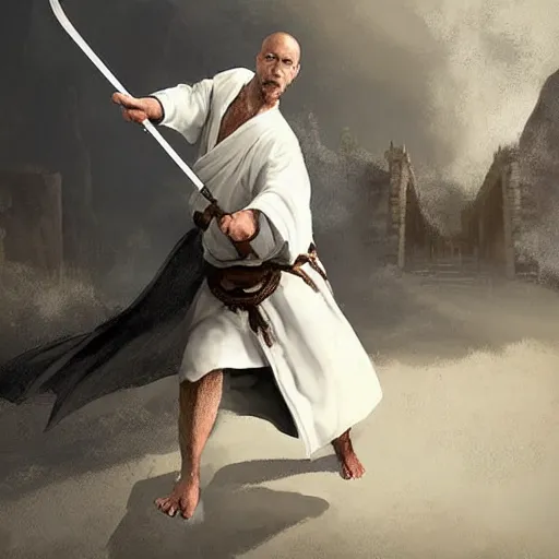 Prompt: a portrait of a dragonborn monk with draconic face and a black top - knot, in a plain simple cheap white monk's robe white robe. he is running towards us, thrusting a long spear with a black tip before him. smoke around his ankles, fire in the background. fantasy art by greg rutkowski