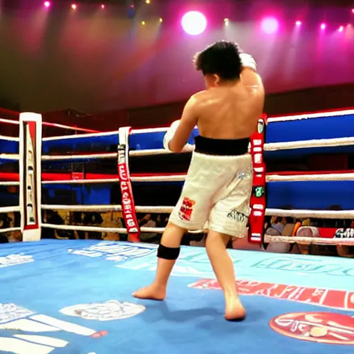 Image similar to hajime no ipo box fight, boxing in ring, 1v1 fight center stage, Ipo vs. Nekota, Ipo has black hair, lightweight, Nekota has brown hair, lightweight, Liver shot hitting oponent in the air, style of Hajime no Ipo, animated, high quality animation, HD, style of Anime: Hajime no Ipo, liver shot