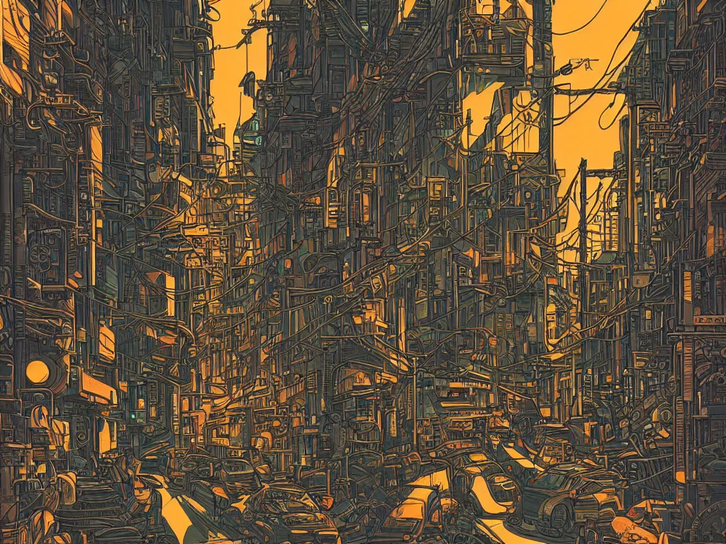 Prompt: industrial street in a cyberpunk city, by audrey kawasaki, dynamic composition, dramatic lighting, ultra detailed