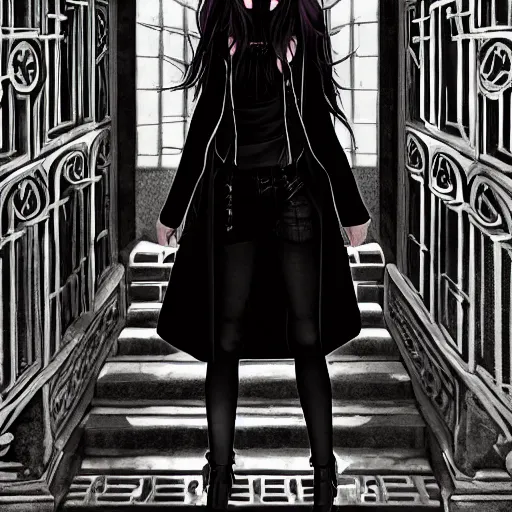 Image similar to 1 7 - year - old goth girl, black hair, long bob cut, long bangs, gothic coat, dark hallways, soft lighting, glowing keypads, secret society, roman pillars, strong lighting, strong shadows, vivid hues, ultra - realistic, sharp details, subsurface scattering, intricate details, hd anime, 2 0 1 9 anime