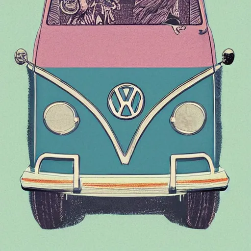 Image similar to illustration of an old van volkswagen, may 6 8, pastel colors, cool, hippie by victo ngai