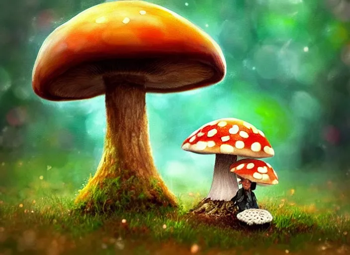 Image similar to a cute creature sitting next to a mushroom, realistic, very detailed, complex, intricate, studio lighting, superres sharpening, bokeh, sigma 5 0 mm f 1. 4, impressionist painting, digital painting, artstation, simon stalenha