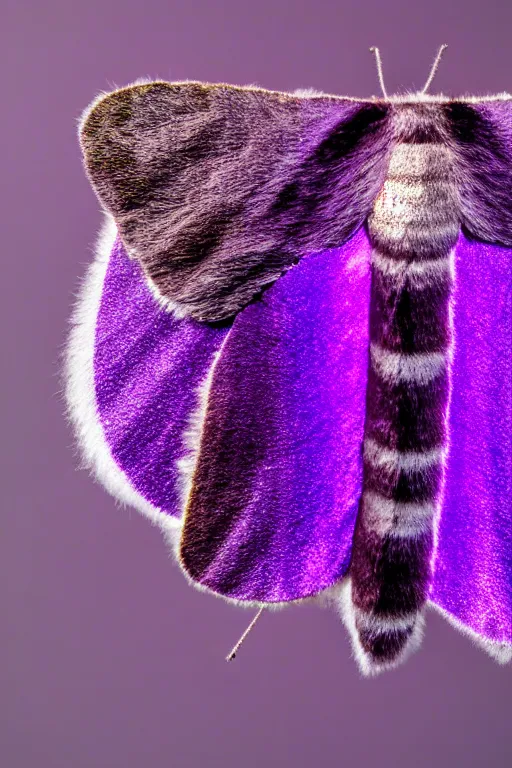 Image similar to high quality macro photo pearlescent furry moth! jeweled gorgeous! highly detailed david ligare elson peter cinematic purple neon lighting high quality low angle hd 8k sharp shallow depth of field