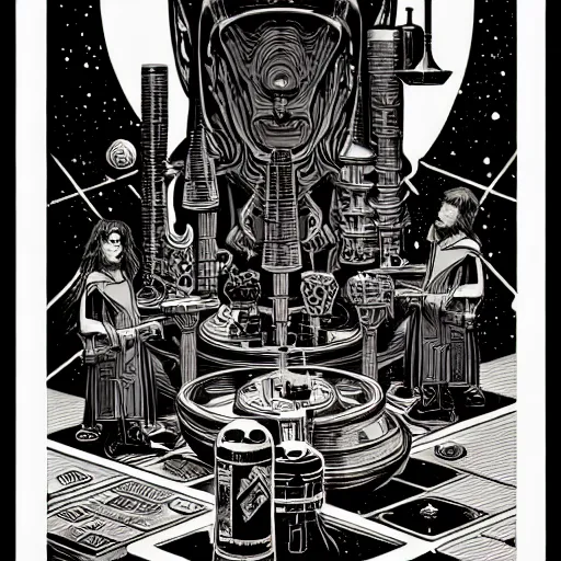 Image similar to ancient alchemist wizards laboratory, high details, lineart, by vincent di fate, inking, 3 color screen print, masterpiece, trending on artstation, sharp, high contrast, hyper - detailed, hd, 4 k, 8 k