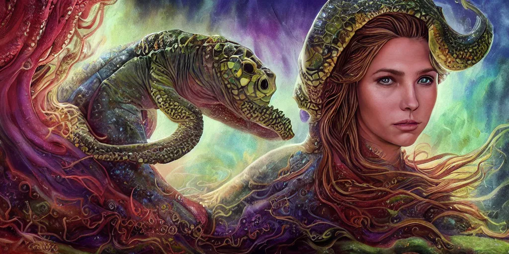 Image similar to Fantasy fairytale style portrait painting, Great Leviathan Turtle, cephalopod, Cthulhu Squid, hybrid, Mythic Island, center Universe, accompany Cory Chase, Blake Lively, Anya_Taylor-Joy, Grace Moretz, Halle Berry, Mystical Valkyrie, Anubis-Reptilian, Atlantean Warrior, hybrid, intense fantasy atmospheric lighting, digital oil painting, hyperrealistic, François Boucher, Michael Cheval, Oil Painting, Cozy, hot springs hidden Cave, candlelight, natural light, lush plants and flowers, Spectacular Mountains, bright clouds, luminous stellar sky, outer worlds, Jessica Rossier, michael whelan, William-Adolphe Bouguereau, HD,