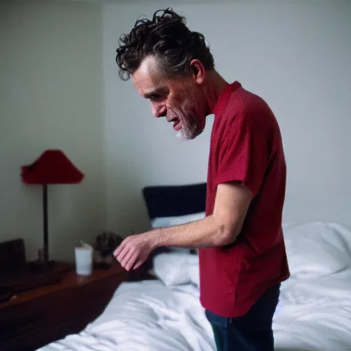 Prompt: jordan peterson crying while making his bed. portra 4 0 0.