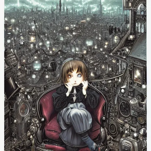 Image similar to young sad victorian gothic manga child with big eyes and wide grin sitting on a sofa of bones surrounded by a cyber futuristic cityscape made of human body parts, digital matte illustration by dan mumford, ultra detailed, 8 k resolution, beautiful lighting, expansive detailed layered city, landscape