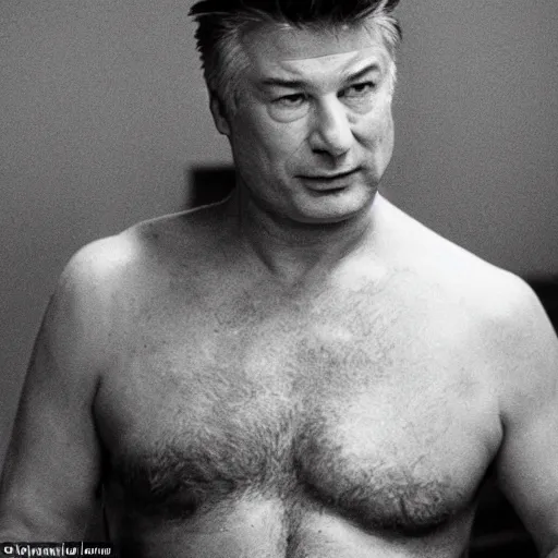 Prompt: alec baldwin is smoking a cigarette, shirtless, smeared in bbq sauce spray, exhaling smoke, distant staring expression, evil smile, he is so cool