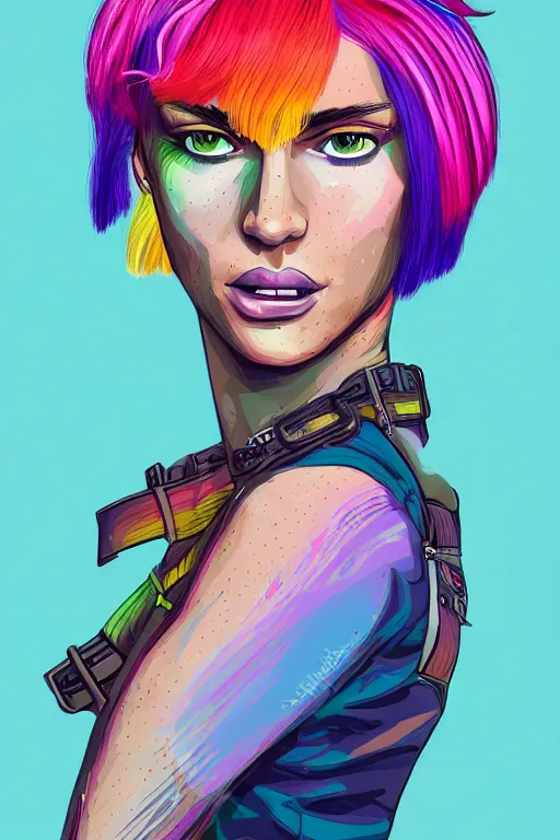 Image similar to a award winning half body portrait of a beautiful woman with stunning eyes in a printed croptop and cargo pants with rainbow colored ombre hairstyle head in motion and hair flying by josan gonzales, outrun, vaporware, shaded flat illustration, digital art, trending on artstation, highly detailed, fine detail, intricate