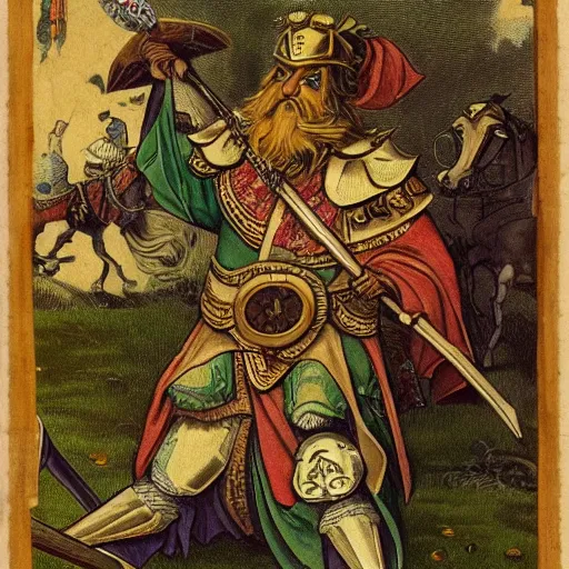 Image similar to a photo of an old man in a regal set of armor depicting a marijuana leaf on the chest. He is holding a mystic battle axe and he’s outside surrounded by horses