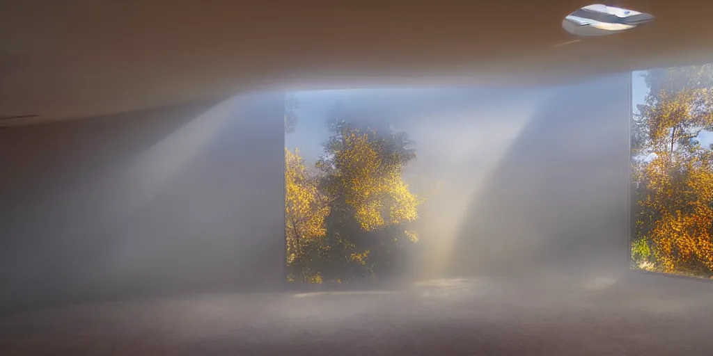 Image similar to wide angle photograph atmospheric light bloom autumn fog outside sunlight shining through windows reflections award winning contemporary interior