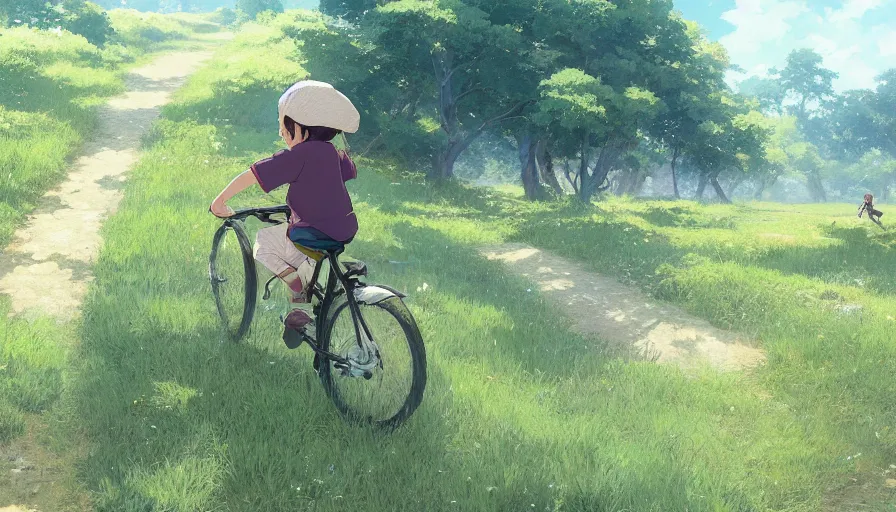 Prompt: a kid riding a bike on a trail in a lush field, studio lit directed gaze, trending on pixiv fanbox, painted by greg rutkowski makoto shinkai takashi takeuchi studio ghibli