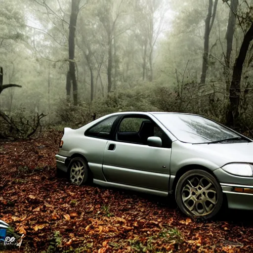 Prompt: damaged Honda civic Eg6 abandoned in a forest, fog, photo