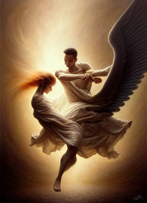 Prompt: man dancing with an angel, fine art, intricate, elegant, highly detailed, realistic hair, centered, digital painting, art station, conceptual art, soft, sharp focus, illustration, artwork, artgerm, tomasz alen kopera, peter mohrbacher, donato giancola, wlop, boris vallejo