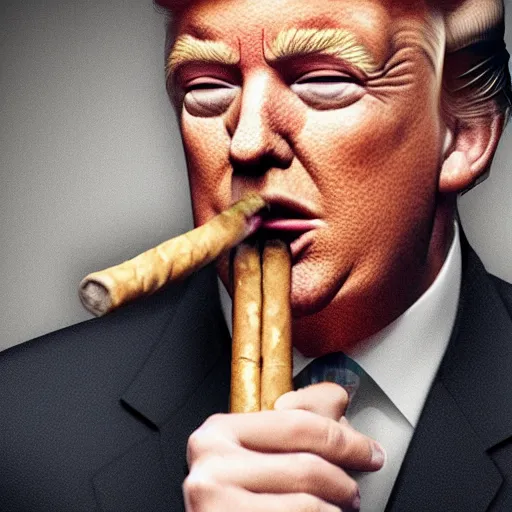 Image similar to a high quality photo of donald trump smoking a cigar, 3d scene, render, ultra realistic, artstation, cgsociety