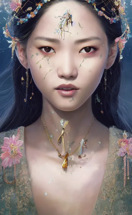 Image similar to a beautiful young charming asian goddess with sundress + jewelry + shinny eyes | | winter, symmetric, realistic shaded, unpleasant face, good looking, fine details, dior, lv, realistic shaded lighting poster by greg rutkowski, macoto takahashi, magali villeneuve, artgerm, jeremy lipkin and michael garmash