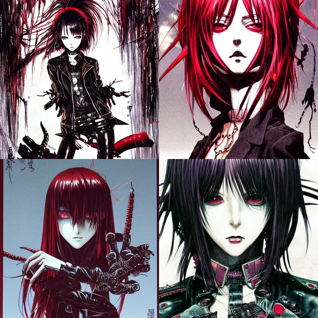 Prompt: highly detailed coherent professional 9 0 s seinen manga cover art of badass goth woman with red hair, leather clothes, black makeup. chunibyo. horror postcyberpunk action manga cover promotional art. detailed and intricate environment. drawn by ilya kuvshinov and painted by zdzislaw beksinski, pencils by tsutomu nihei