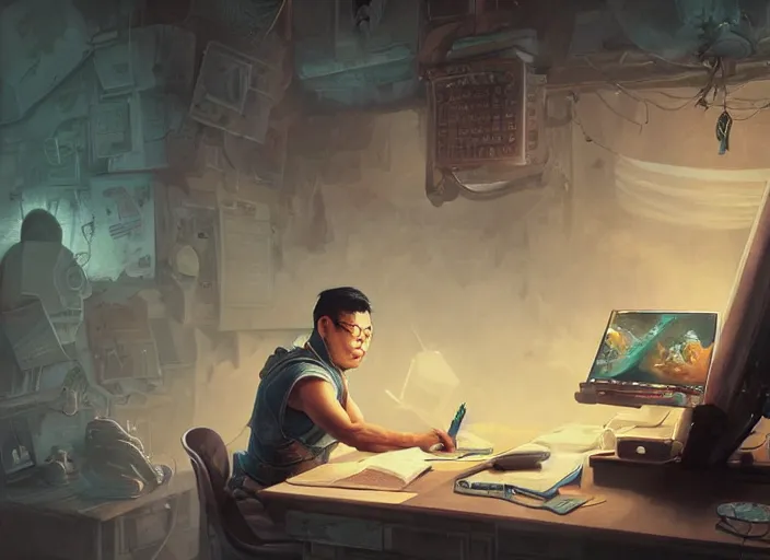 Image similar to an insanely detailed painting of an asian man wearing a homemade superhero costume, sitting at a desk, staring seriously at the computer and typing, in the style of peter mohrbacher, james jean, artgerm, dramatic lighting and composition, surreal background, octane render, pixar, trending on artstation, concept art, comic book, view from behind, 8 k