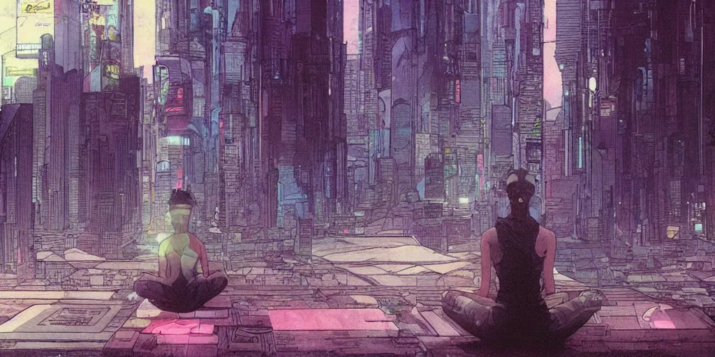 Image similar to a large crowd, blurred, in it in focus a girl, meditating, cyberpunk, by moebius,