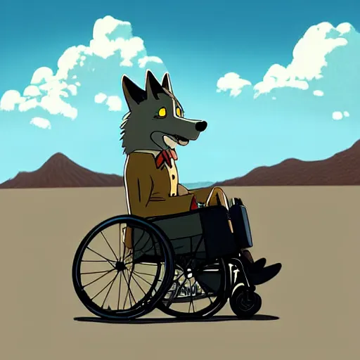 Image similar to a study of cell shaded cartoon of a wolf in a wheelchair from howl's moving castle ( 2 0 0 4 ) on a desert road, full body, wide shot, very muted colors, post grunge, studio ghibli, laurie greasley, highly detailed, deviantart, art by artgem