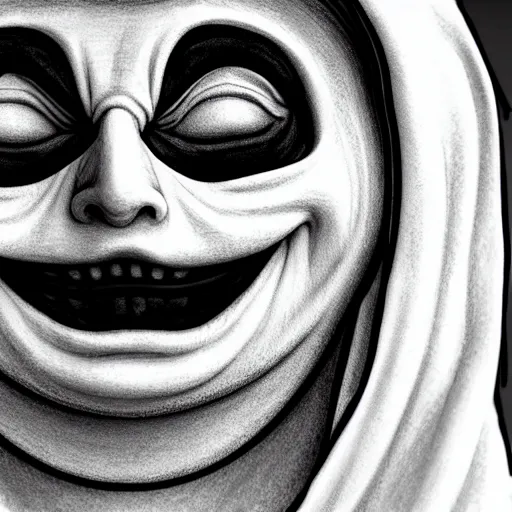 Image similar to A hunched figure wearing white robes with a smiling Greek theater mask, white robes, smiling mask, theater mask, greek mask, ancient greece, creepy smile, hunched figure, manga art, manga, Junji Ito, Junji Ito artwork, Ito Junji art, 4k