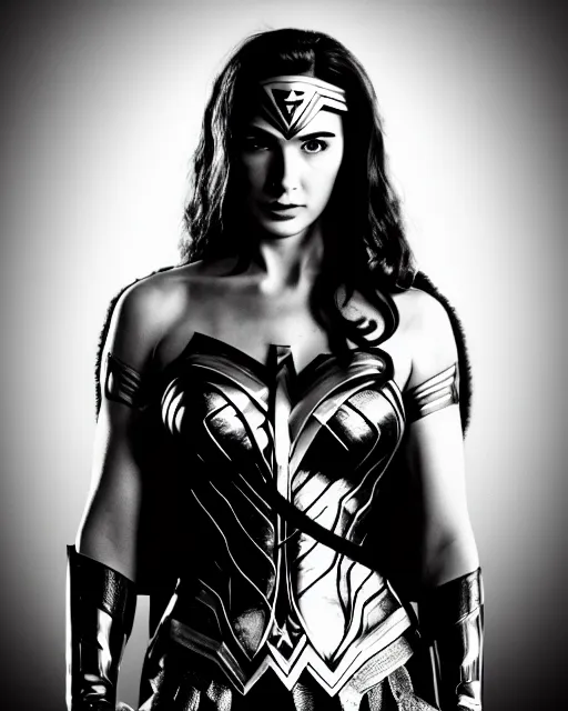 Image similar to tired angry wonderwoman portrait hd sharp monochrome technoir photo with mix of gal Gadot and Linda Carter in frank Miller Alex Ross style detailed trending on Flickr Leica Zeiss depth of field