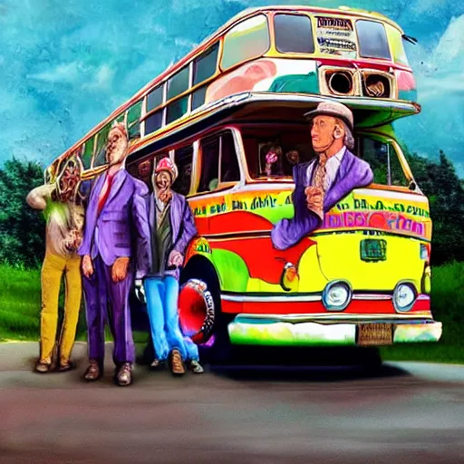 Image similar to a hyperrealistic portrait of Ken Kesey and The Merry Pranksters in front of the psychedelic Furthur bus, trending on artstation”